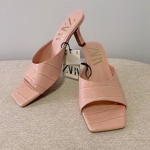 Zara Pink Croc Patent Kitten Heel Sandals